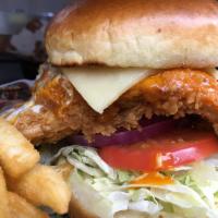 Buffalo Chicken Sandwich · Fried or grilled chicken, 2nd degree sauce, pepper jack cheese, lettuce, tomato, onion and r...