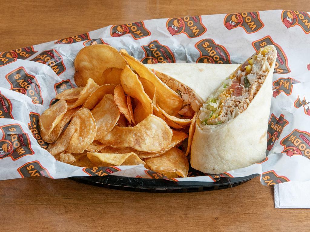 Chicken Wrap · Grilled or fried, wrapped with cheddar cheese, lettuce, tomato, onion and choice of sauce. Served with choice of side.