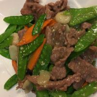 Beef with Snow Peas · Beef, snow pea and water chestnut sauteed in oyster sauce.