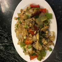 Kung Pao Chicken · Sliced chicken stir fried with onions, peanut and jalapeno. Hot and spicy.