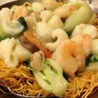 Pan Fried Noodle · Crispy canteen pan fried Angel hair egg noodle like a bird net. Mixed vegetables sautéed wit...