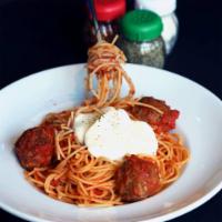 Spaghetti and Homemade Meatballs · Spaghetti and meatballs tossed in our housed made marinara.