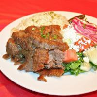 Beef and Lamb Gyro Platter · Slow roasted rotisserie beef and lamb.  Includes a choice of rice or fries, with horiatiki s...