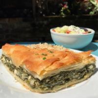 Spanokopita Platter · Spinach pie with feta and herbs baked in phyllo dough. Includes a choice of rice or fries, w...