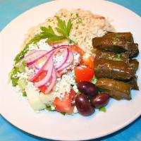 Dolmades Platter · Vegetarian. Stuffed grape leaves with rice,herbs, and spices. Includes a choice of rice or f...