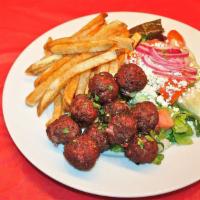 Keftedakia Platter · Greek style meatballs. Includes a choice of rice or fries, with horiatiki salad. Served with...