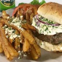 Deluxe Greek Style Mamma's Burger · Freshly ground beef seasoned with Greek herbs, spices and crumbled feta. Served with fresh c...