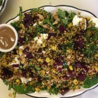 Kale , Beet and Goat Cheese · Baby spinach, arugula, kale, quinoa, dried cranberries, walnuts with balsamic vinegar.