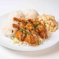 Furikake Shrimp Plate · Steamed white rice, deep-fried and battered shrimp, honey garlic aioli sauce, sesame seeds, ...