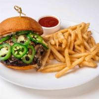 Mushroom Swiss Burger w/ Fries · Potato hamburger bun, mayo, angus beef patty, swiss cheese, sautéed mushrooms, and jalapeños...