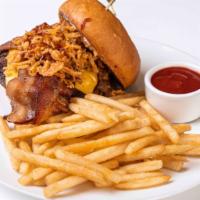 Western Burger w/ Fries · Potato hamburger bun, mayo, angus beef patty, bacon, American cheese, BBQ sauce, and crispy ...