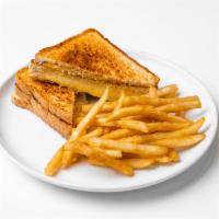 Kids Grilled Cheese Sandwich · American cheese and white cheddar cheese with white bread served with french fries