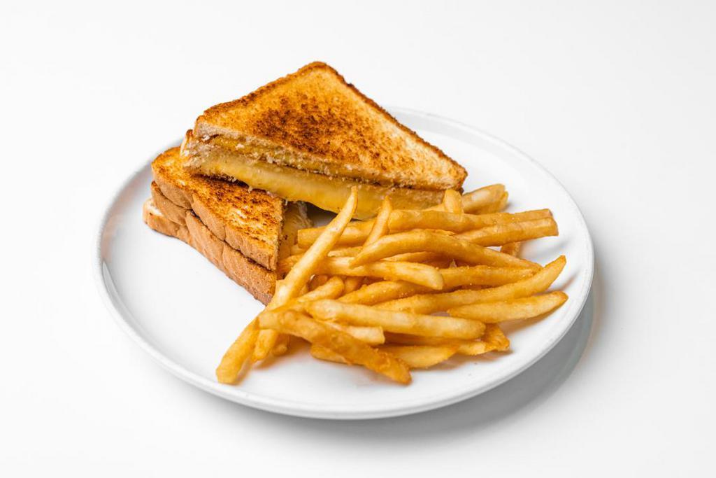 Kids Grilled Cheese Sandwich · American cheese and white cheddar cheese with white bread served with french fries