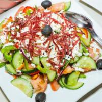 Greek Vegetable Salad with Feta Cheese and Basturma · 