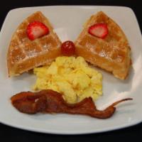 Kid's Waffle Express · A half Belgian waffle served with a scrambled egg and slice of bacon.