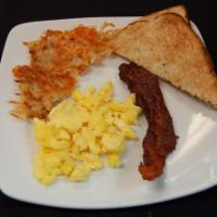 Kid's Scrambled Egg and Bacon · 1 scrambled egg, one slice of bacon, multigrain toast and hash browns.