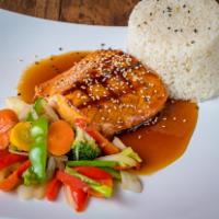 Salmon Teriyaki  · Salmon skewers in our homemade teriyaki sauce served with 2 side orders. 