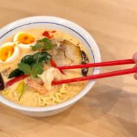 🌶Tom Kha Ramen · Ramen noodles with Chashu pork,Shrimps and eggs with the special Thai Tom Kha soup.