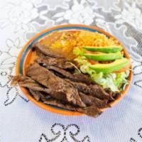 Steak Combo · Beef steak combined with rice and beans. Tortillas of your choice.