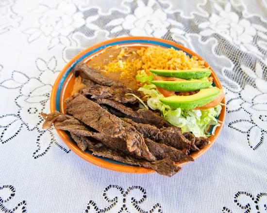 Steak Combo · Beef steak combined with rice and beans. Tortillas of your choice.