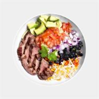 Southwest Bowl · Certified Angus beef steak, tomatoes, red peppers, low-fat cheddar, black bean salsa, and av...