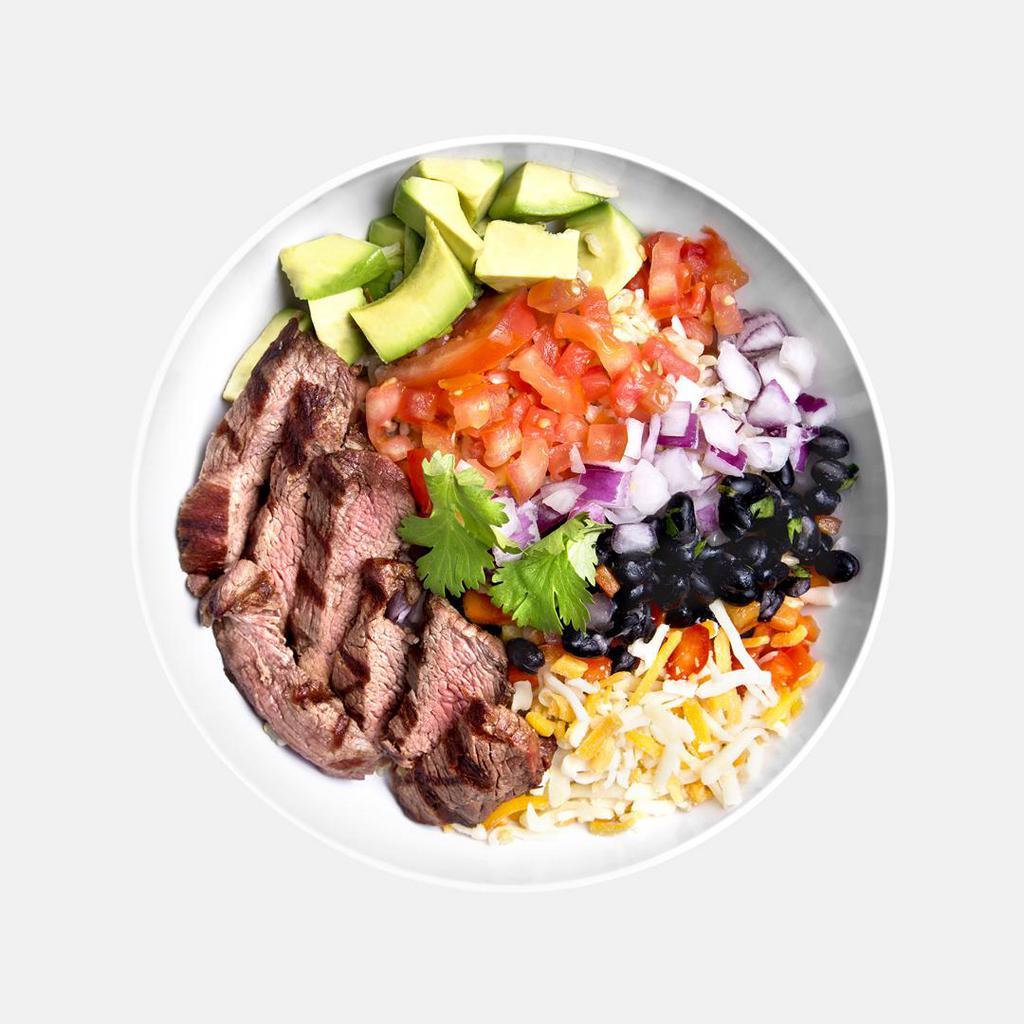 Southwest Bowl · Certified Angus beef steak, tomatoes, red peppers, low-fat cheddar, black bean salsa, and avocado. Gluten-free.
