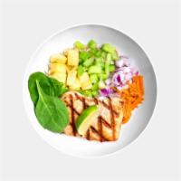 Teriyaki Bowl · Grilled sustainable salmon, pineapple, celery, red onions, spinach, carrots, and house-made ...