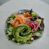 Smoked Salmon Salad · Spring mix, goat cheese, smoked salmon, avocado, pickled onions, housemade olive oil dressing.