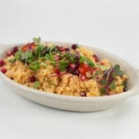 Warm Couscous Salad · Lemon, tomatoes, cucumbers, bell peppers, and herbs.