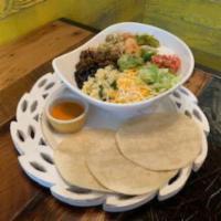 Fajita Bowl (chicken+steak+shrimp) · Chicken + steak + shrimp + rice +beans +any hot toppings + any cold toppings. Served with 3 ...