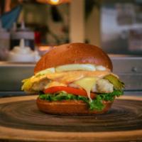 The Fat Connie Sandwich · Grilled chicken topped with lettuce, tomato, whole green chili pepper jack cheese and chipot...