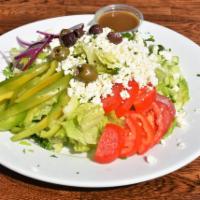 Greek Salad · Vegetarian. Romaine lettuce, green mix, feta cheese, tomato, Persian cucumber, onion, bell p...