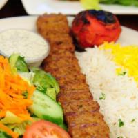 Lamb Koobideh Kabob · Seasoned ground lamb mixed with grated onion and grilled on an open flame.