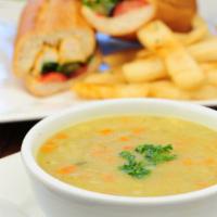 Barley Soup · A delicious chicken base soup cooked with barley, carrots and sweet peas. Served with pita b...