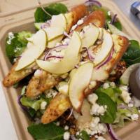 Hot Goat Salad · Mesclun mix, goat cheese, walnuts, apples, red onions, and honey. Served with toast of goat ...