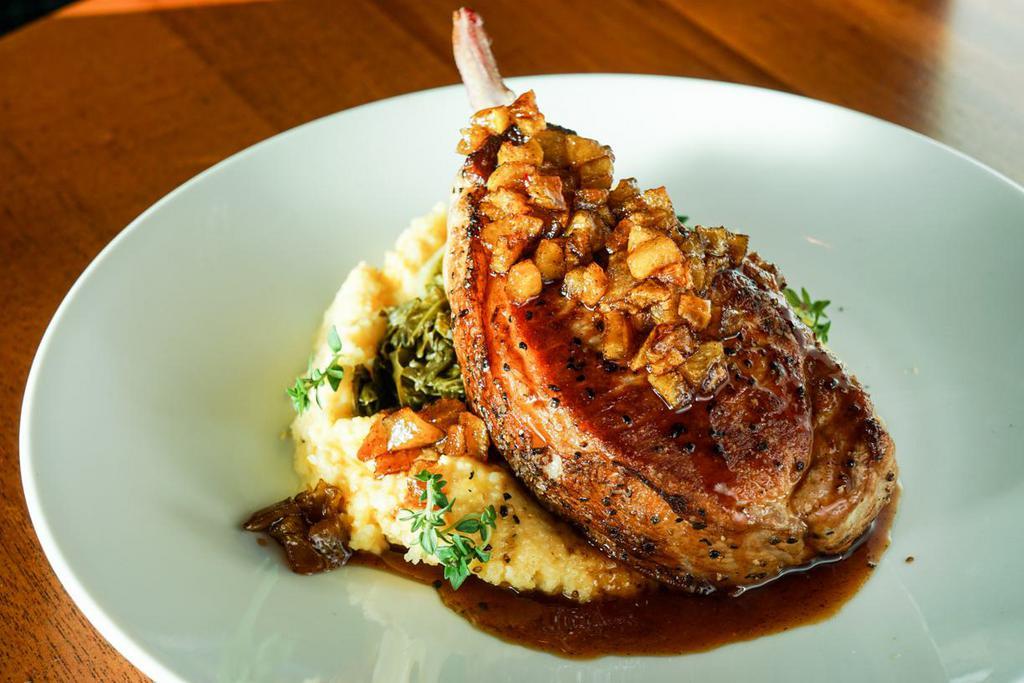 Grilled Double Pork Chop · Spiced Apple Compote, Mixed vegetables, garlic mashed potatoes 