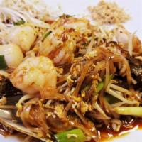 Seafood Pad Thai · Seafood combination with traditional Thai noodles.