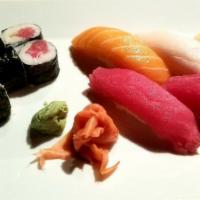 Mini Sushi Mori · Tuna roll and 5 pieces of sushi.