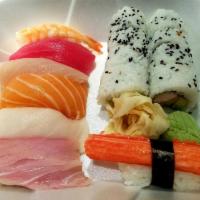 Sushi Mori · California roll and 7 pieces of sushi.