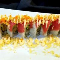 Red Dragon Roll · Shrimp tempura, avocado, cucumber, topped with tuna, tempura flakes, spicy mayo and masago. ...