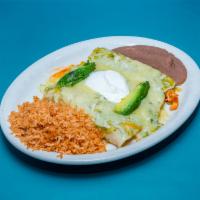 Verdes de Pollo Enchiladas · 3 chicken enchiladas topped with tomatillo sauce, melted monterrey Jack cheese, sour cream, ...