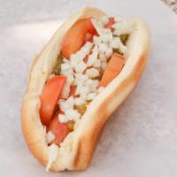 Classic Hot Dog · Mustard, relish, onions and tomatoes.