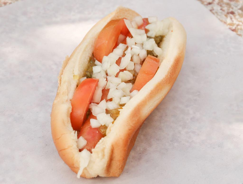 Classic Hot Dog · Mustard, relish, onions and tomatoes.