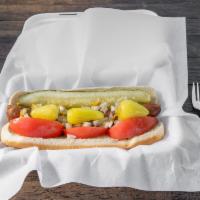 Chicago Dog Meal · Mustard, relish, onions, tomatoes, chili peppers, pickle and celery salt.