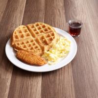 Chicken, Waffles and Eggs · Belgian Waffle, powdered sugar, 3 crispy chicken tenders and two eggs.			
