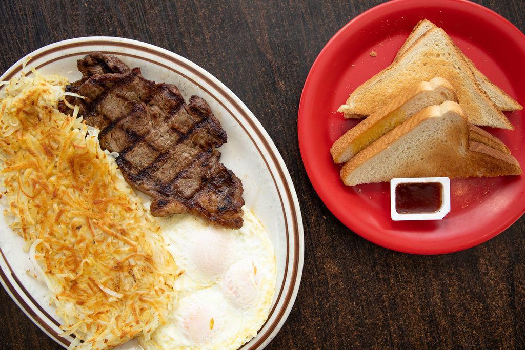 Steak and Eggs · Choice of 1 or 2 pieces steak, 3 eggs, choice of breakfast potatoes, and toast.
