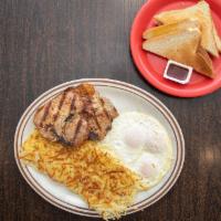 Pork Chops and Eggs · Choice of 2 or 3 pieces pork chops, 3 eggs, choice of breakfast potatoes, and toast.