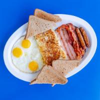 Combo Breakfast · 1 piece ham, 2 pieces sausage, 2 pieces bacon, served with 3 eggs, choice of breakfast potat...