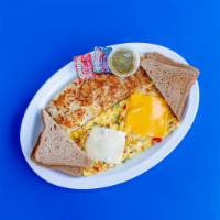 Denver Omelette · White onion, red and green bell peppers, American cheese, Swiss cheese, and ham. Served with...