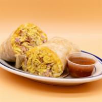 Ham Breakfast Burrito · Ham, eggs, fresh hash browns, and melted shredded cheese in a flour tortilla.